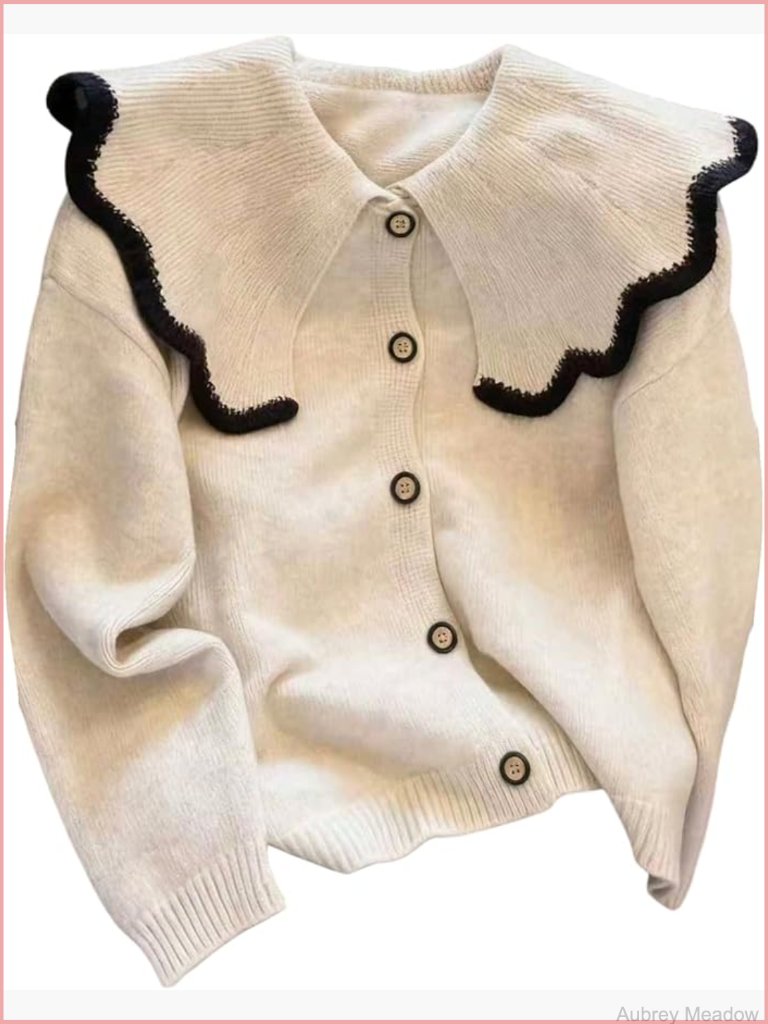 Ruffle Button Up Cozy Cardigan Sweater Elegant Collar Knit Outerwear